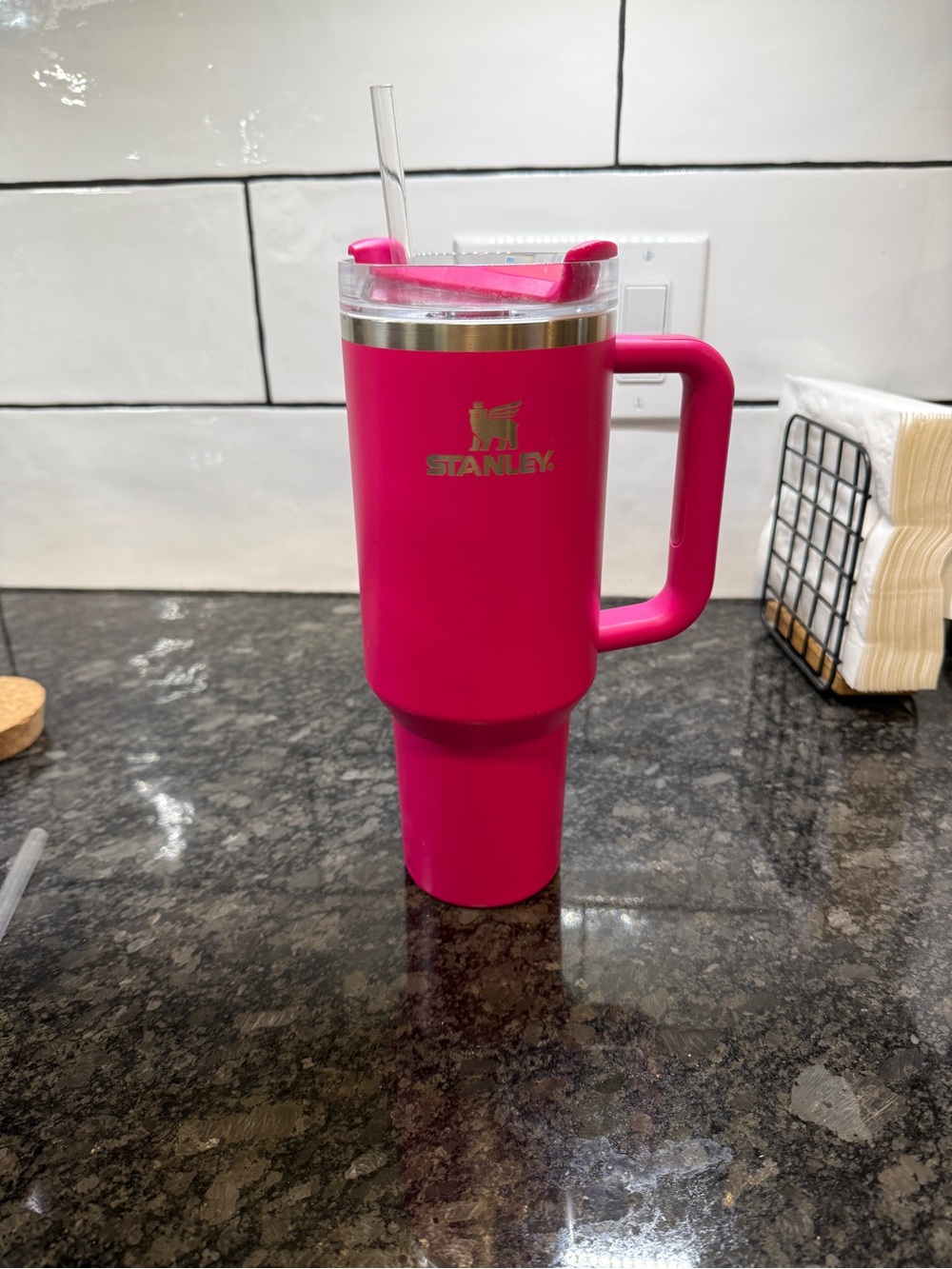 Stanley Hot Pink Travel Mug with Handle and Straw